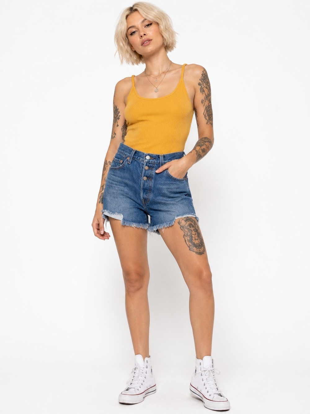 Levi's Button-Front Frayed Hem Denim Shorts - Blue